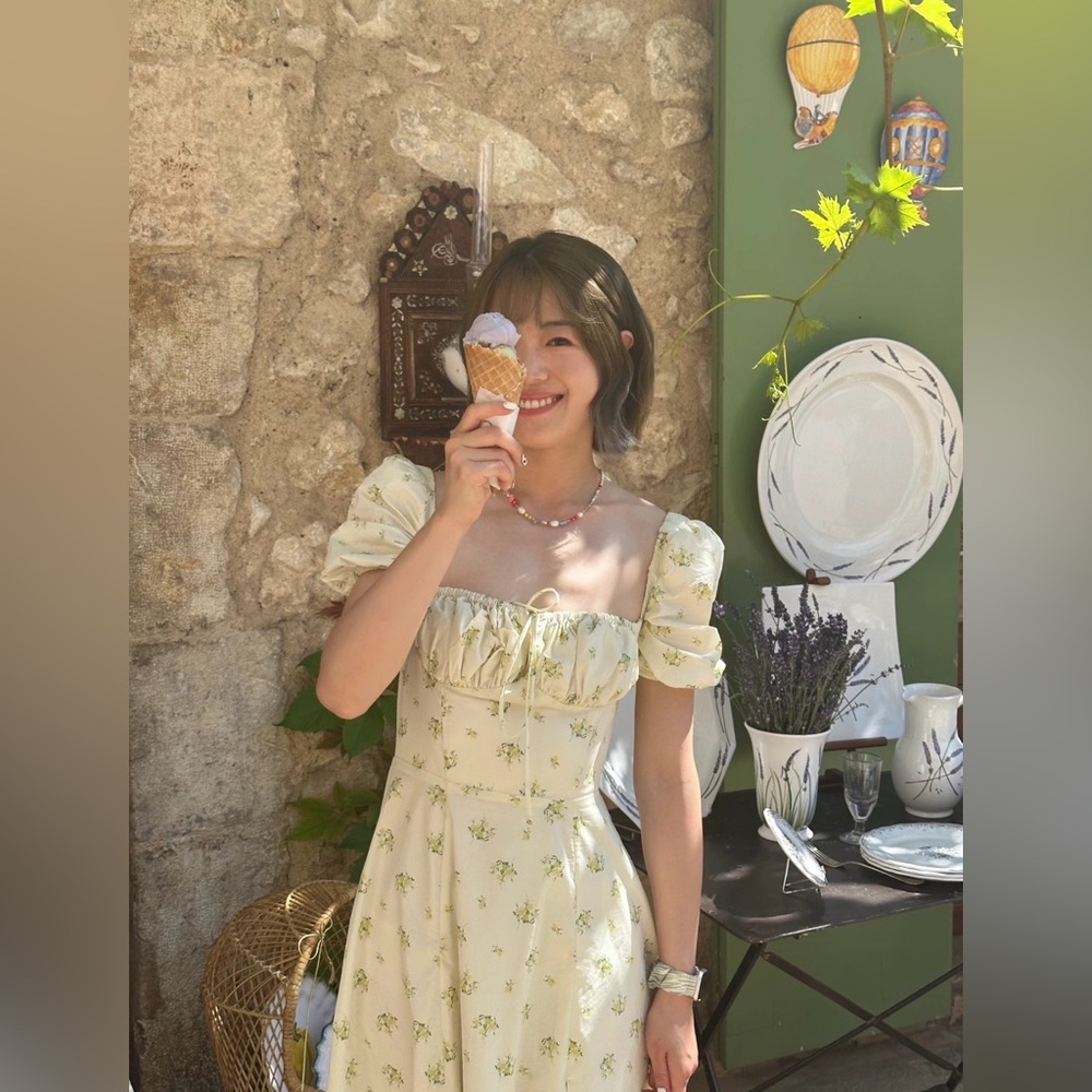 Light Yellow Floral Puff Sleeve Sundress